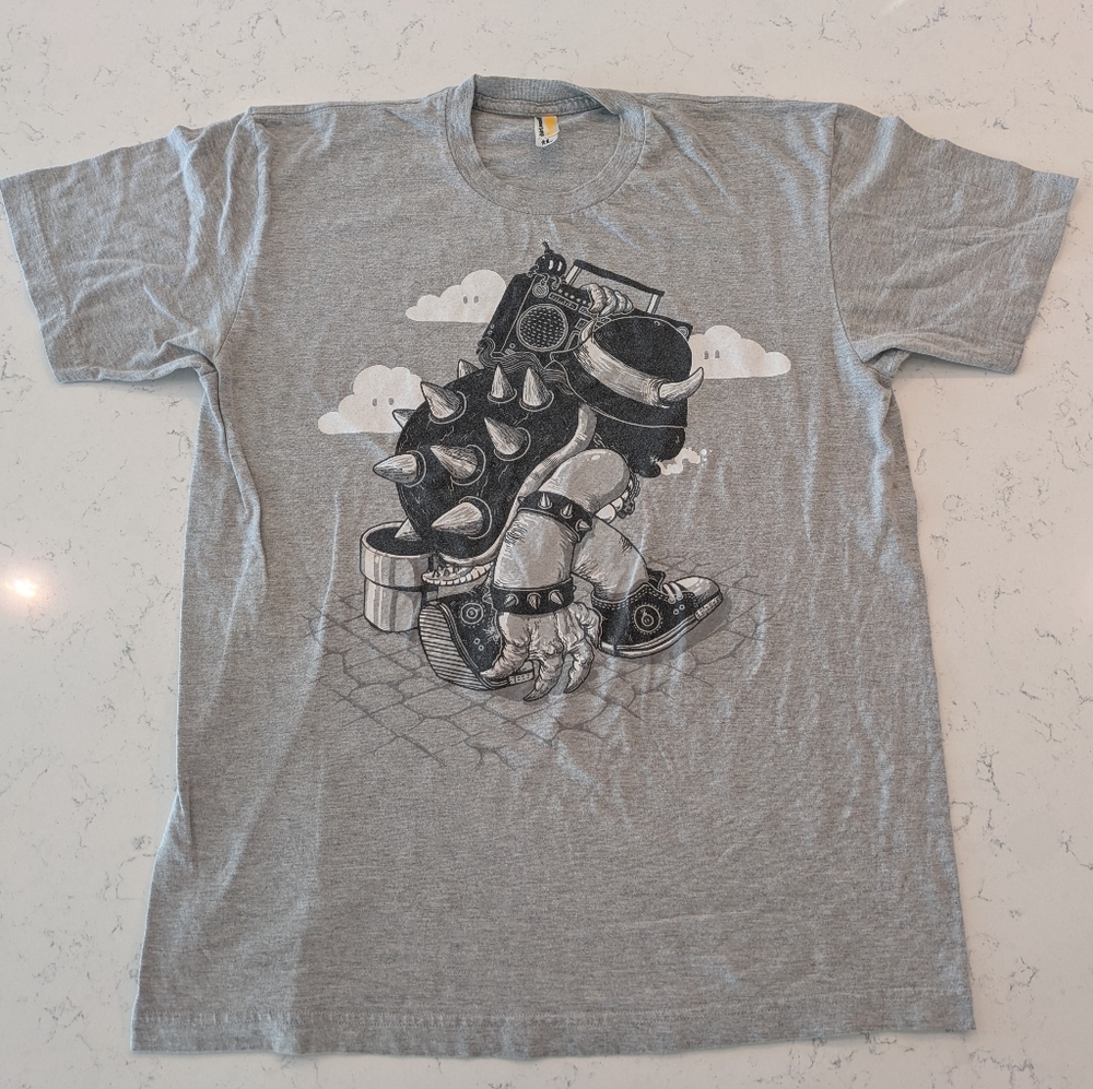 Woot! Nintendo Mario Bowser Turtle Boombox Retro Gaming Shirt Gray Sz: Large
